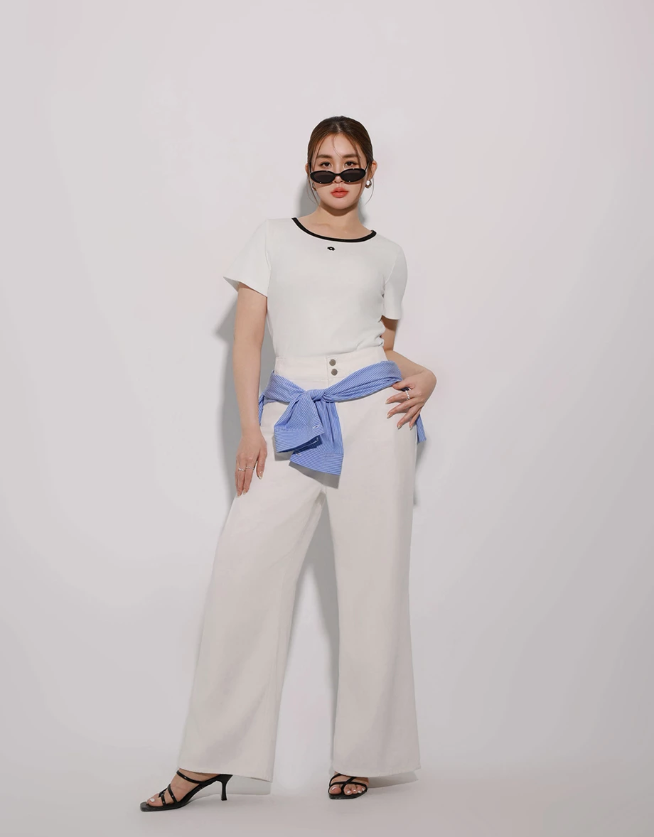 Floral Embroidery Contrast Trim Fitted Ribbed Top