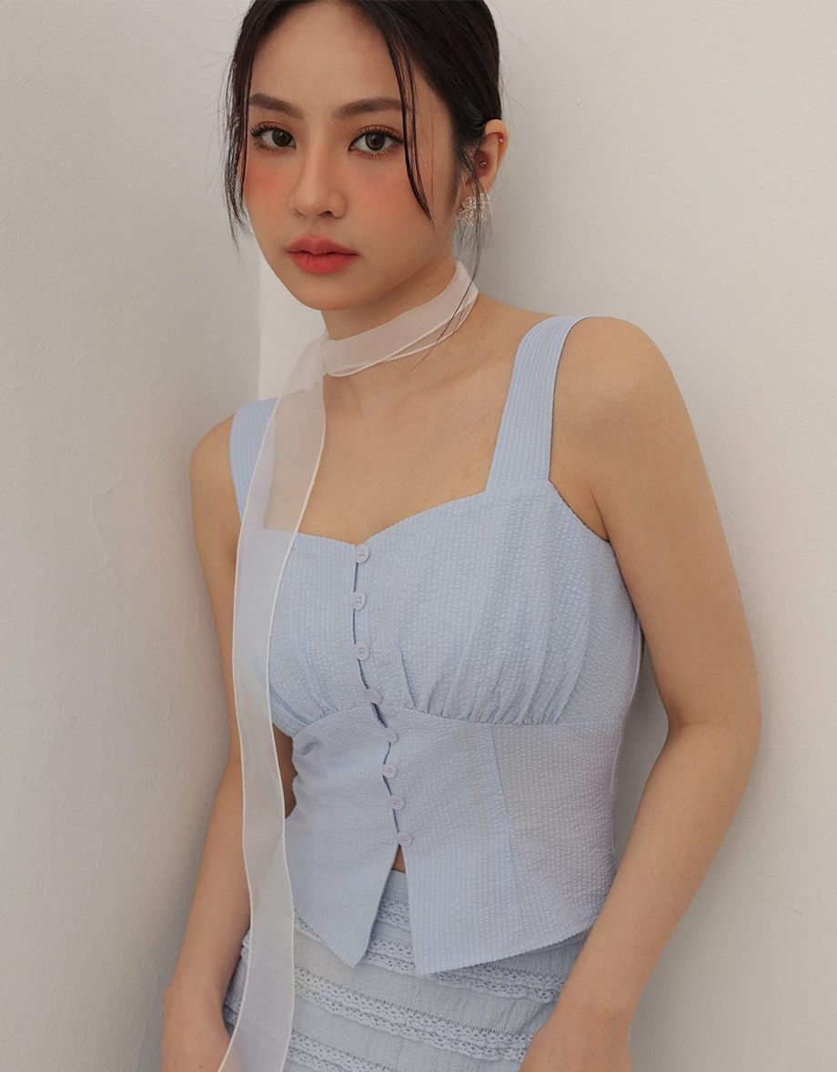 泡泡紗V領排扣寬肩帶背心