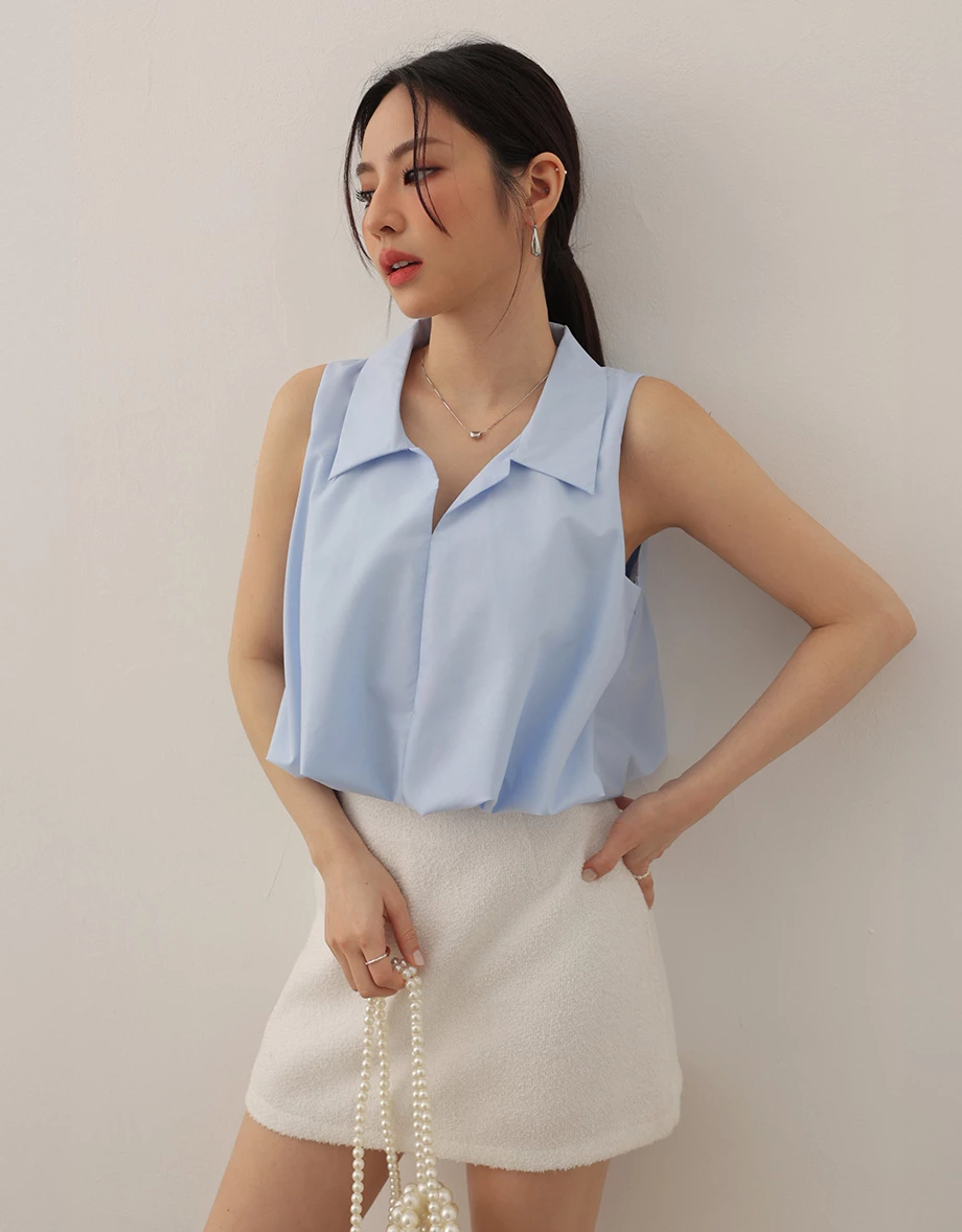 Sleeveless Bubble Hem Top With Collar Detail