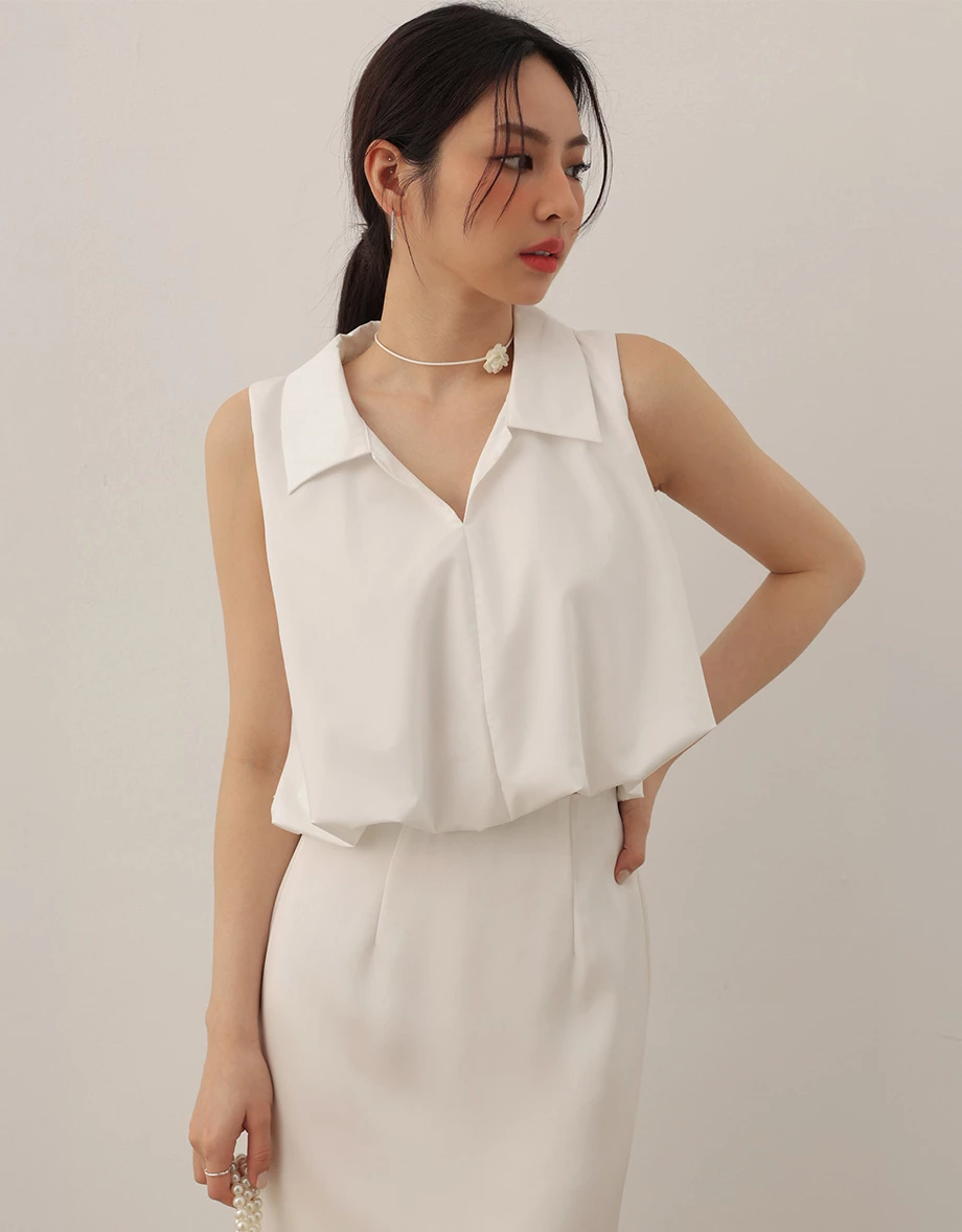 Sleeveless Bubble Hem Top With Collar Detail