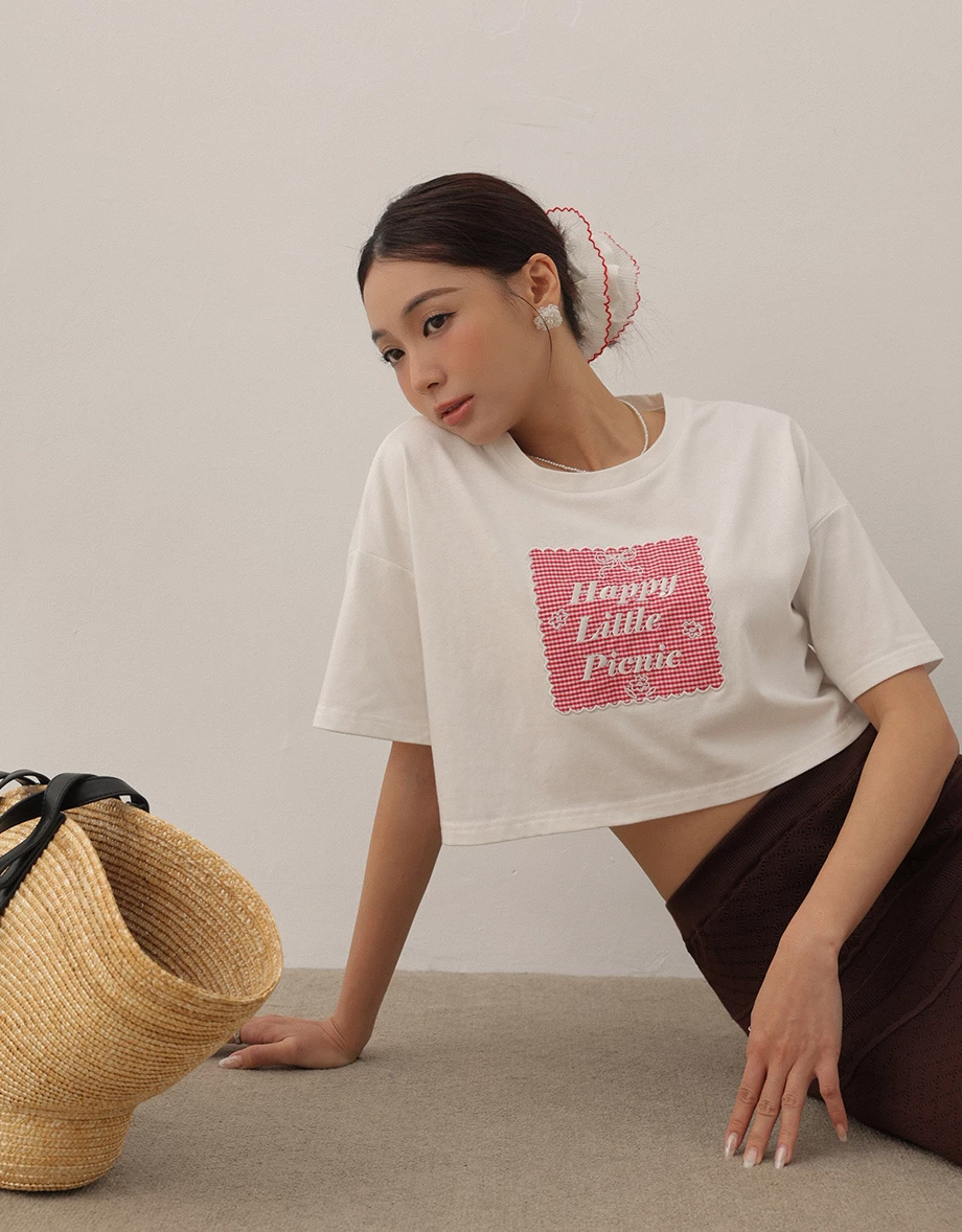 格紋刺繡字母拼接短TEE