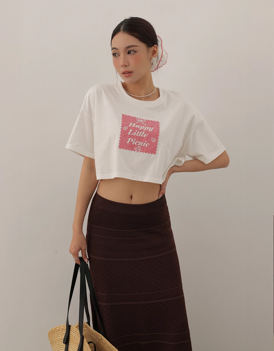 格紋刺繡字母拼接短TEE