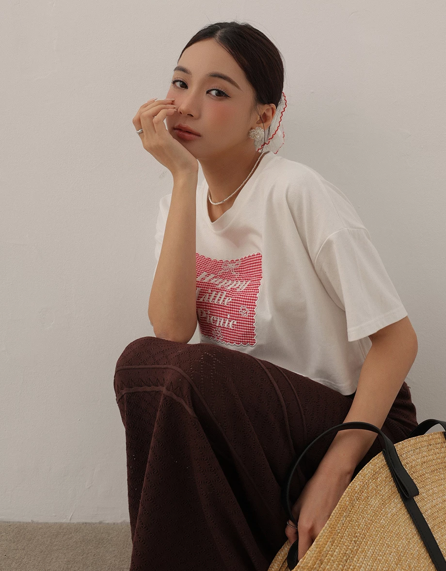 格紋刺繡字母拼接短TEE