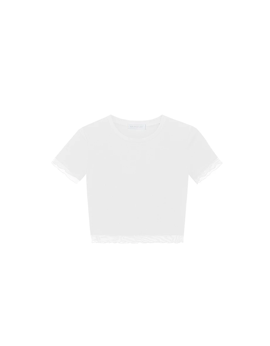 層次感透紗木耳捲合身短TEE