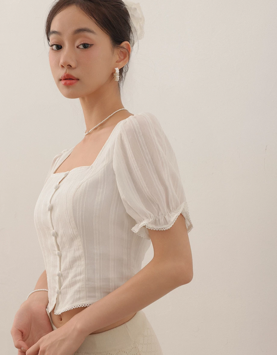方領直條紋排扣澎袖上衣