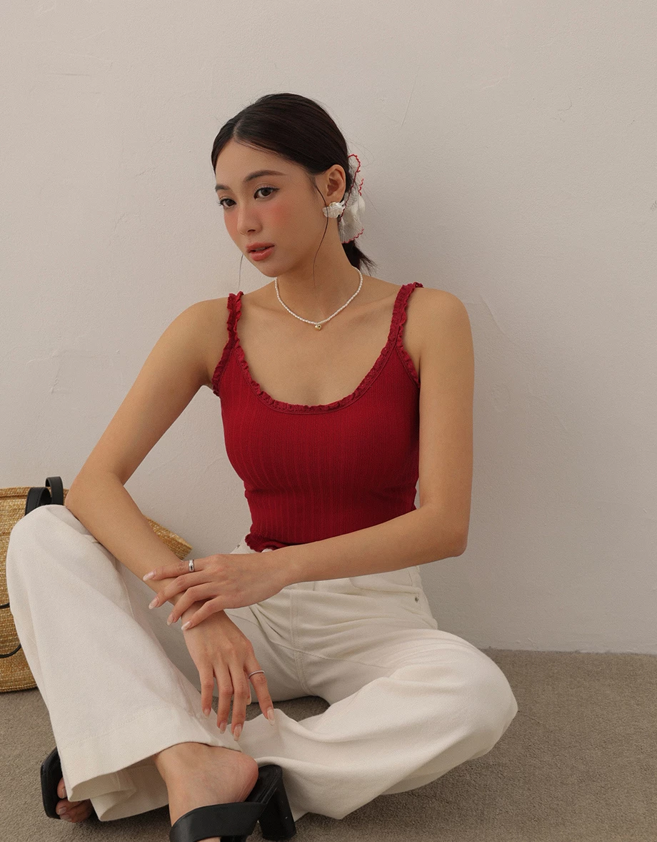 Lace Trimmed Ribbed Spaghetti Strap Padded Tank Top Lace Trimmed Ribbed Spaghetti Strap Padded Tank Top