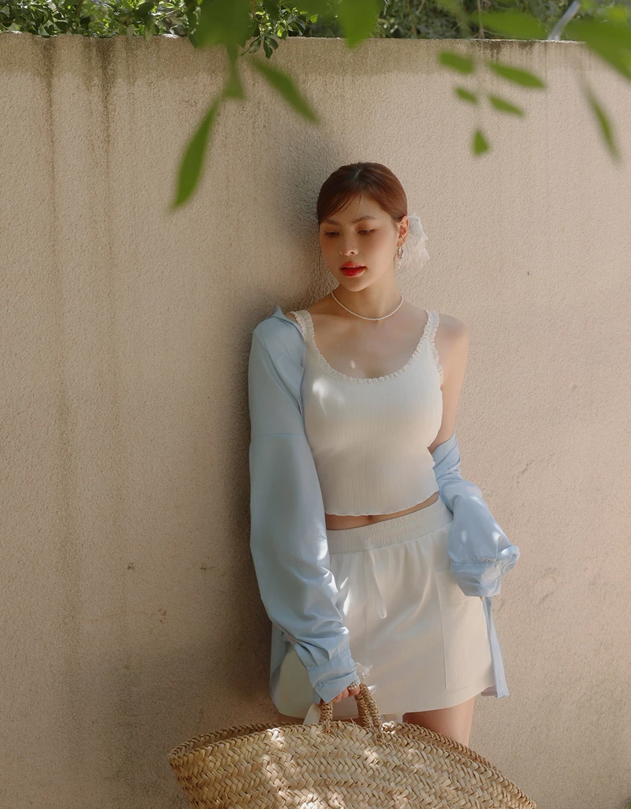 Lace Trimmed Ribbed Spaghetti Strap Padded Tank Top Lace Trimmed Ribbed Spaghetti Strap Padded Tank Top