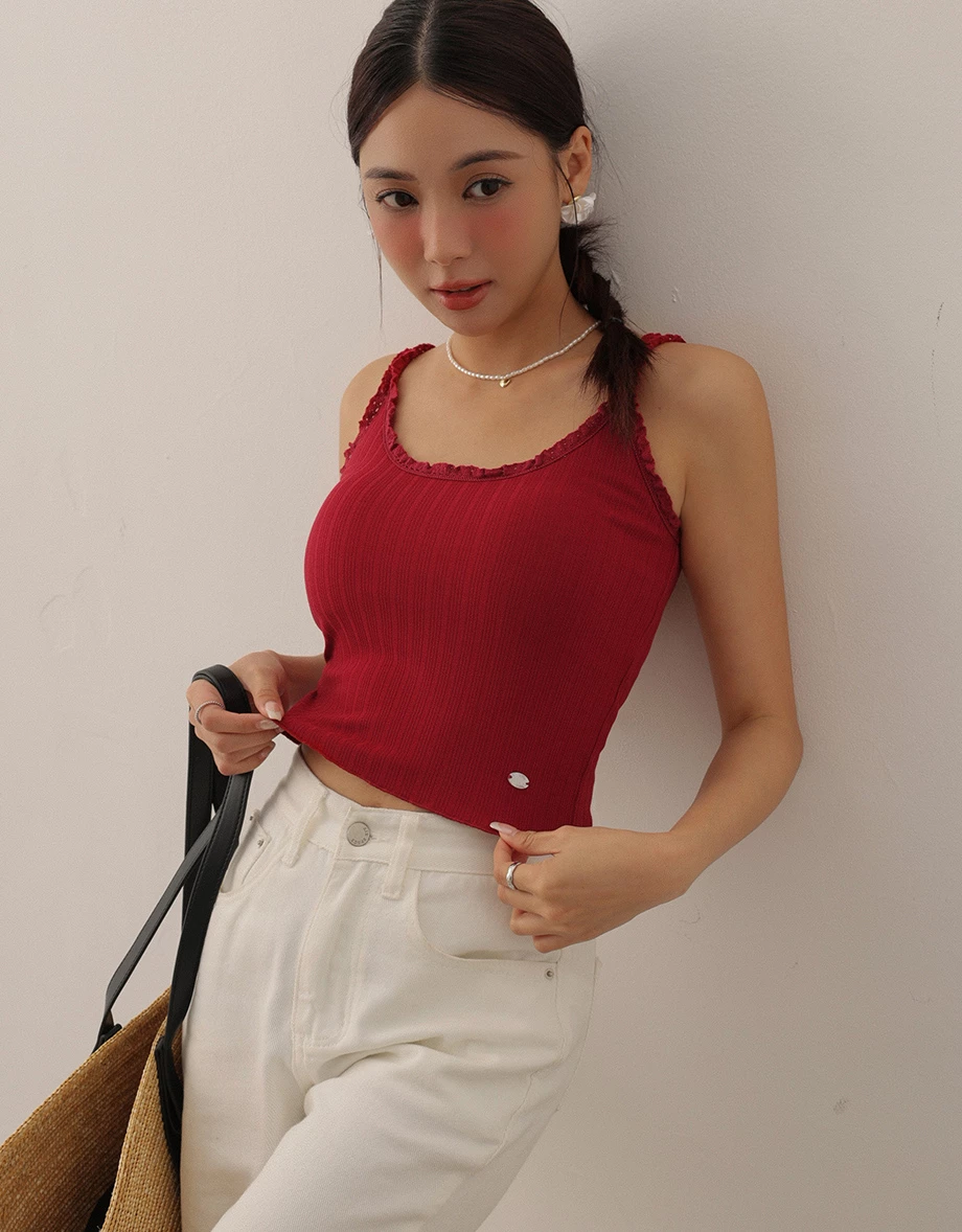 Lace Trimmed Ribbed Spaghetti Strap Padded Tank Top Lace Trimmed Ribbed Spaghetti Strap Padded Tank Top