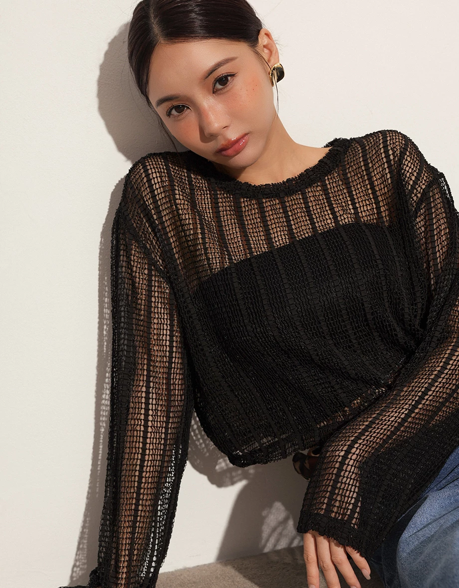細格直條紋透膚緹花針織衫