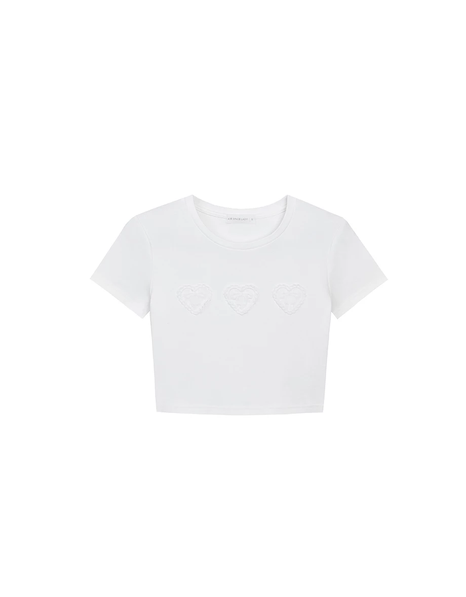 愛心蝴蝶結蕾絲貼飾短版TEE