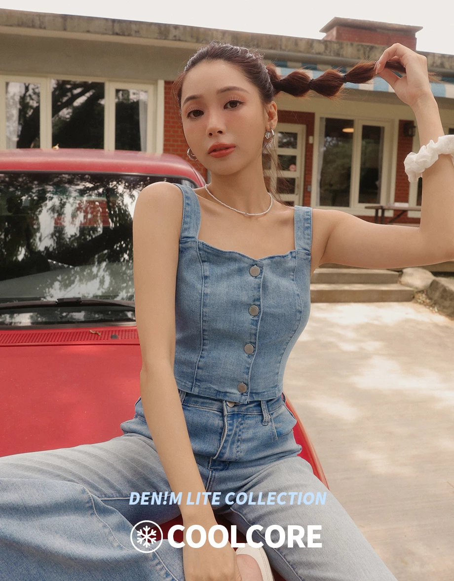 Cooling Jeans Denim Crop Button Up Top with Stretch Back Detail