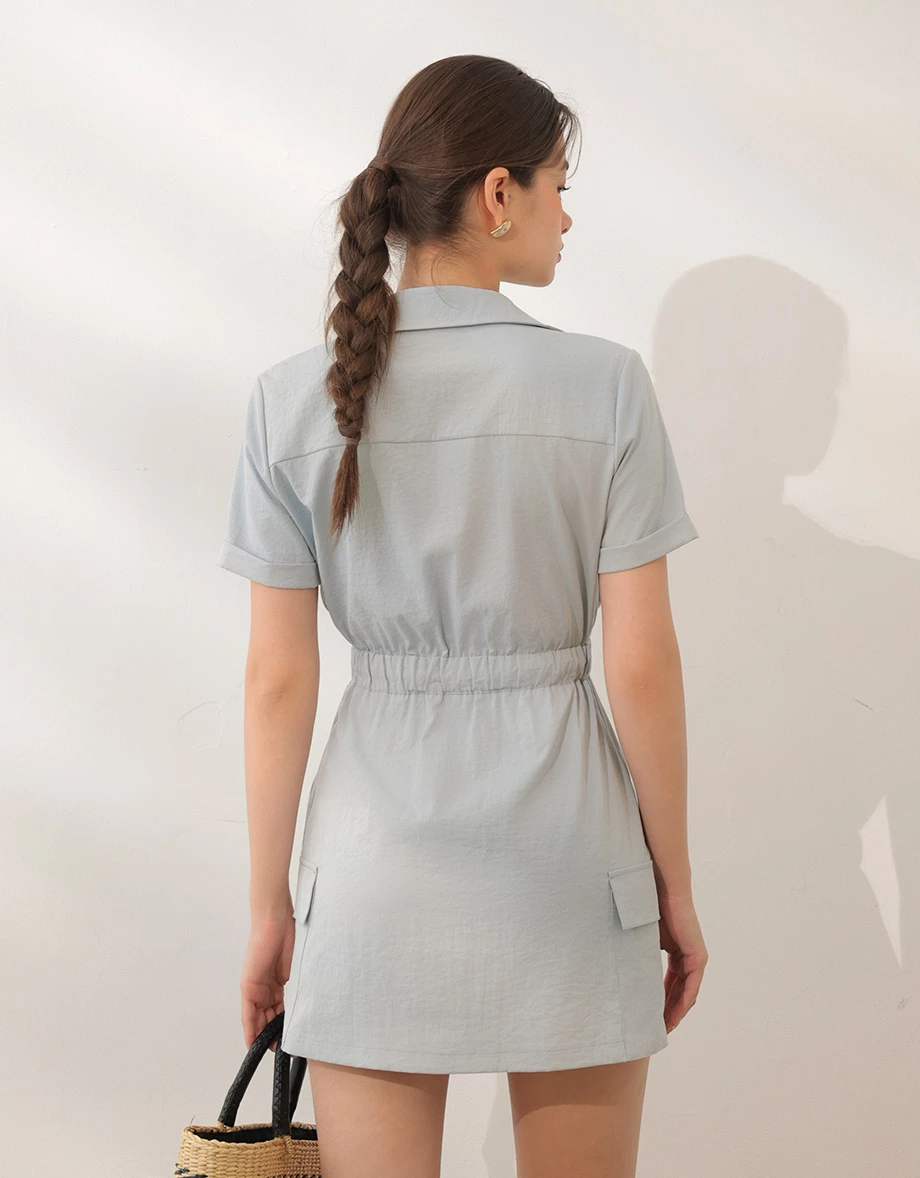 Button Front Cap Sleeve Shirt Mini Dress with Drawstring Waist Detail