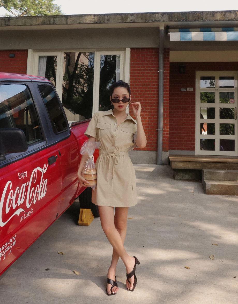 Button Front Cap Sleeve Shirt Mini Dress with Drawstring Waist Detail