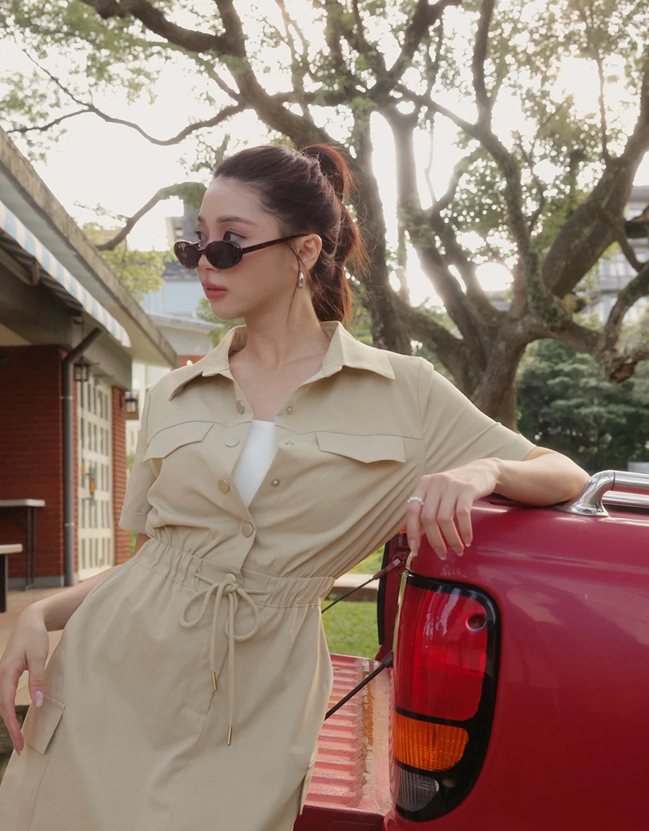 Button Front Cap Sleeve Shirt Mini Dress with Drawstring Waist Detail