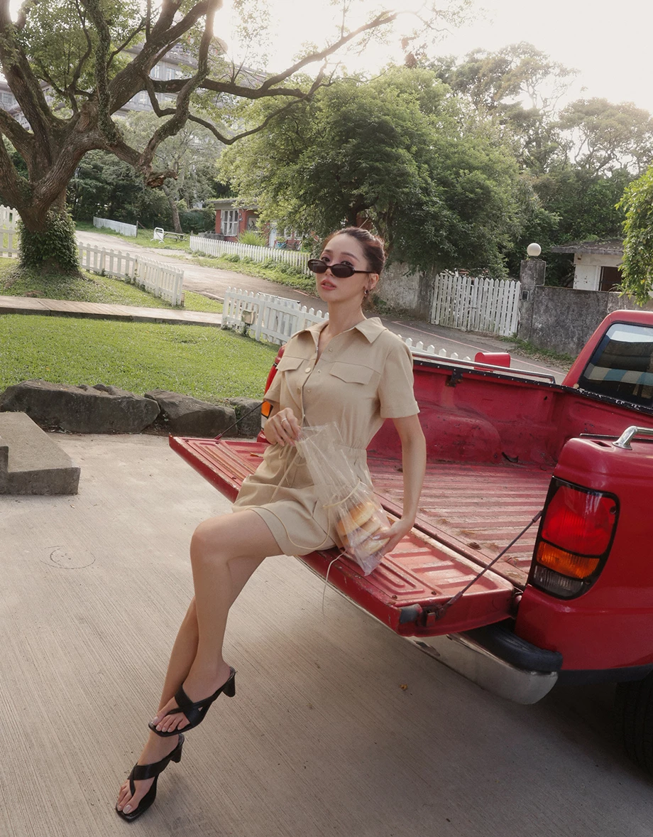 Button Front Cap Sleeve Shirt Mini Dress with Drawstring Waist Detail