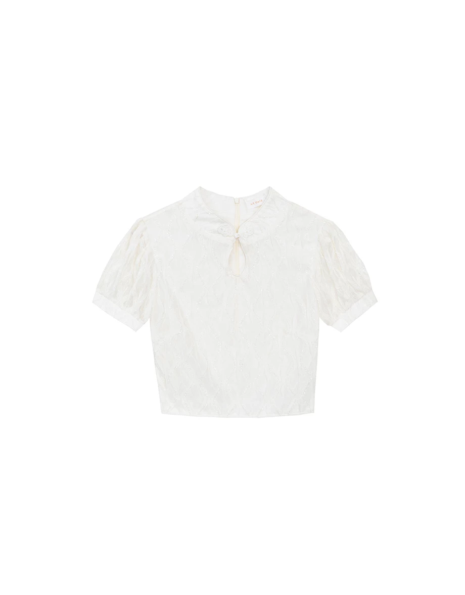 CNY CHEONGSAM QIPAO Top Textured Jacquard Puff Sleeve Keyhole Crop Cheongsam Qipao Top
