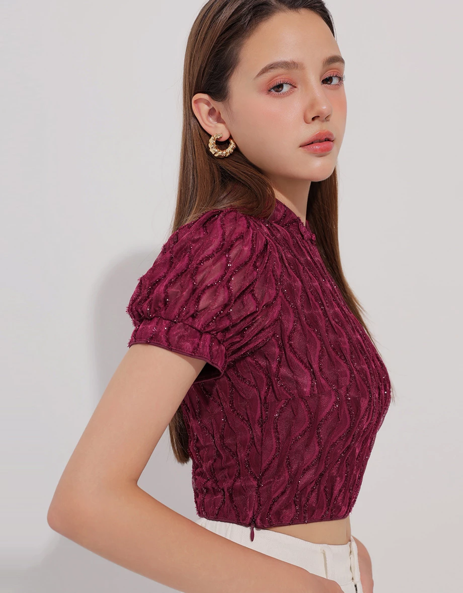 細閃波浪織紋澎袖旗袍領短版上衣