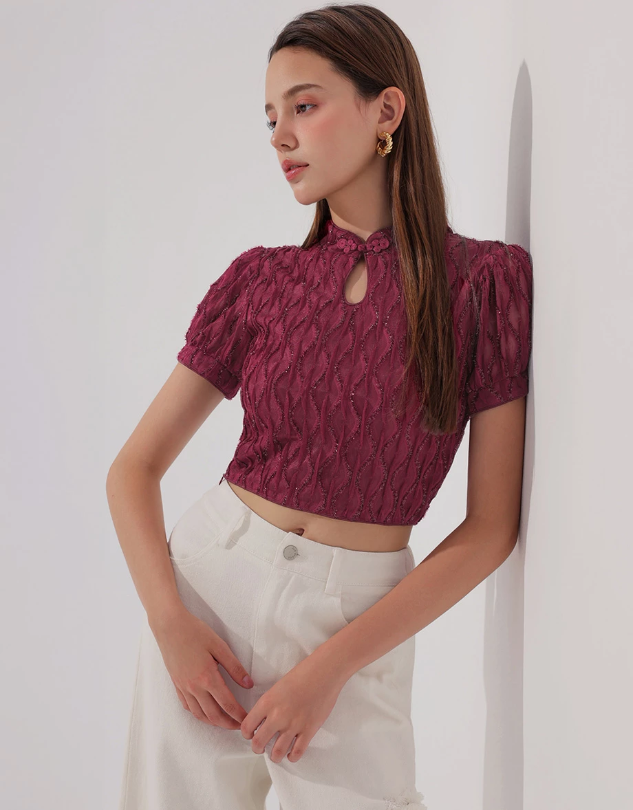 細閃波浪織紋澎袖旗袍領短版上衣