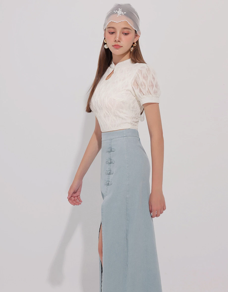 CNY CHEONGSAM QIPAO Top Textured Jacquard Puff Sleeve Keyhole Crop Cheongsam Qipao Top