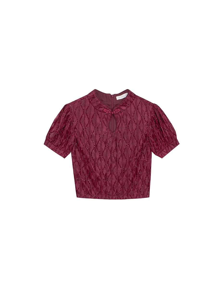 細閃波浪織紋澎袖旗袍領短版上衣