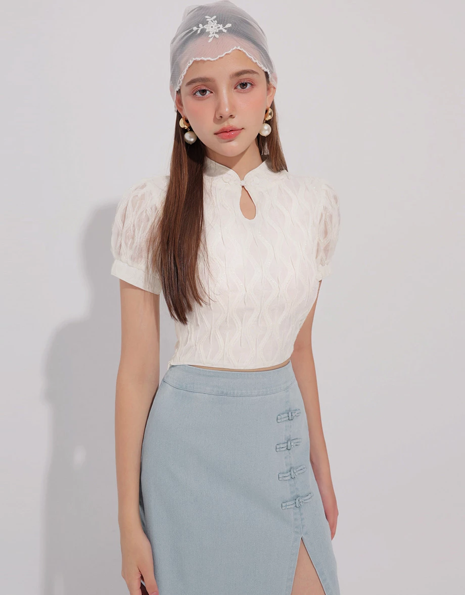 CNY CHEONGSAM QIPAO Top Textured Jacquard Puff Sleeve Keyhole Crop Cheongsam Qipao Top