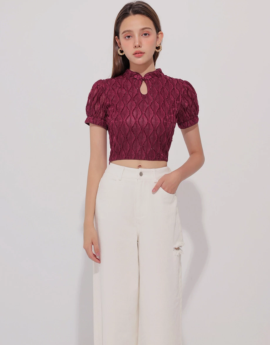 細閃波浪織紋澎袖旗袍領短版上衣