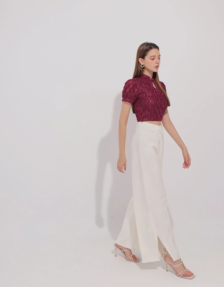 CNY CHEONGSAM QIPAO Top Textured Jacquard Puff Sleeve Keyhole Crop Cheongsam Qipao Top