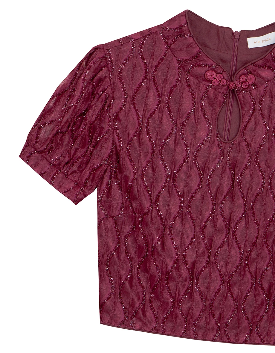 細閃波浪織紋澎袖旗袍領短版上衣