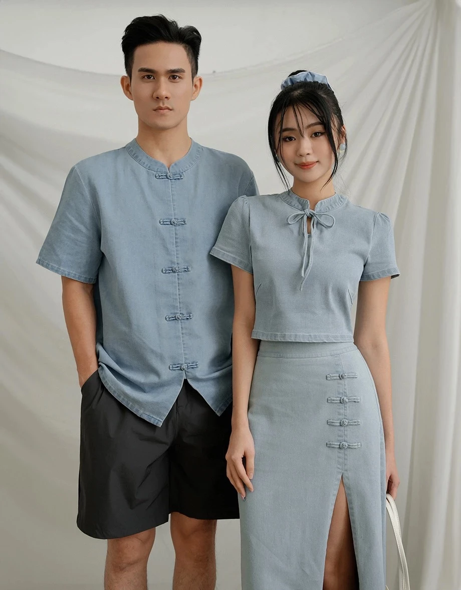 Denim Family Men’s CNY Mandarin SHIRT Chinese Style  ( Matching Couple Outfit for Qipao Cheongsam)