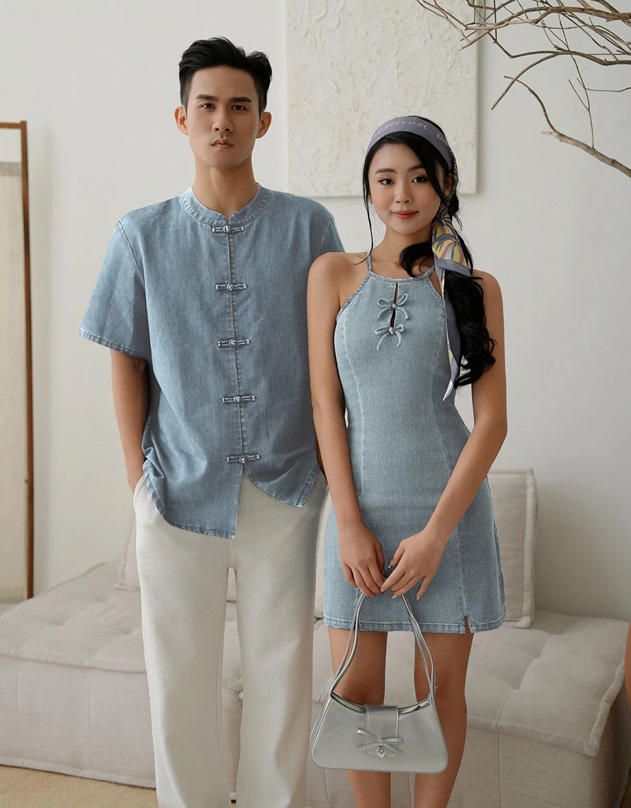 Men’s CNY Mandarin SHIRT Chinese Style Denim ( Matching Couple Outfit for Qipao Cheongsam)