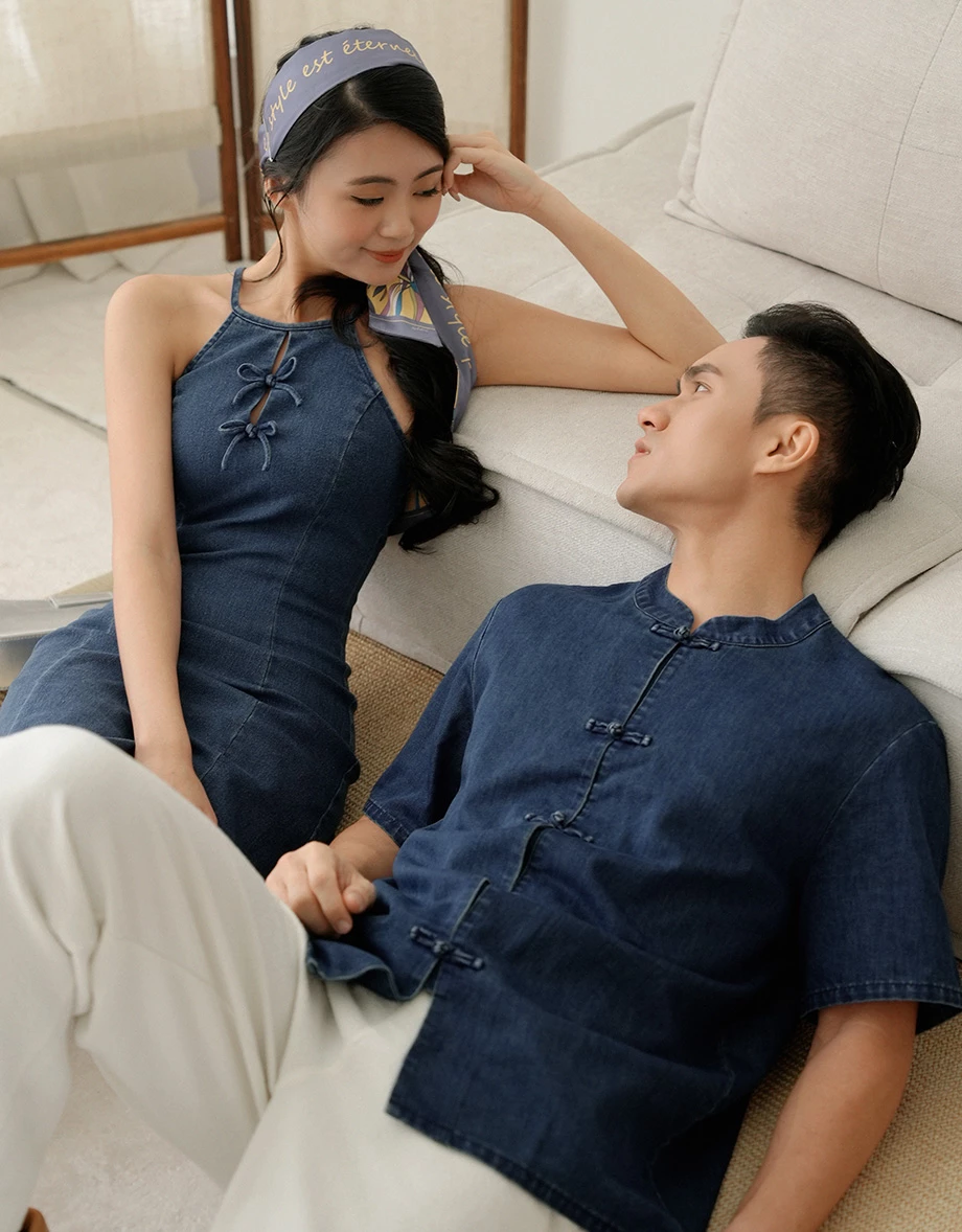 Men’s CNY Mandarin SHIRT Chinese Style Denim ( Matching Couple Outfit for Qipao Cheongsam)