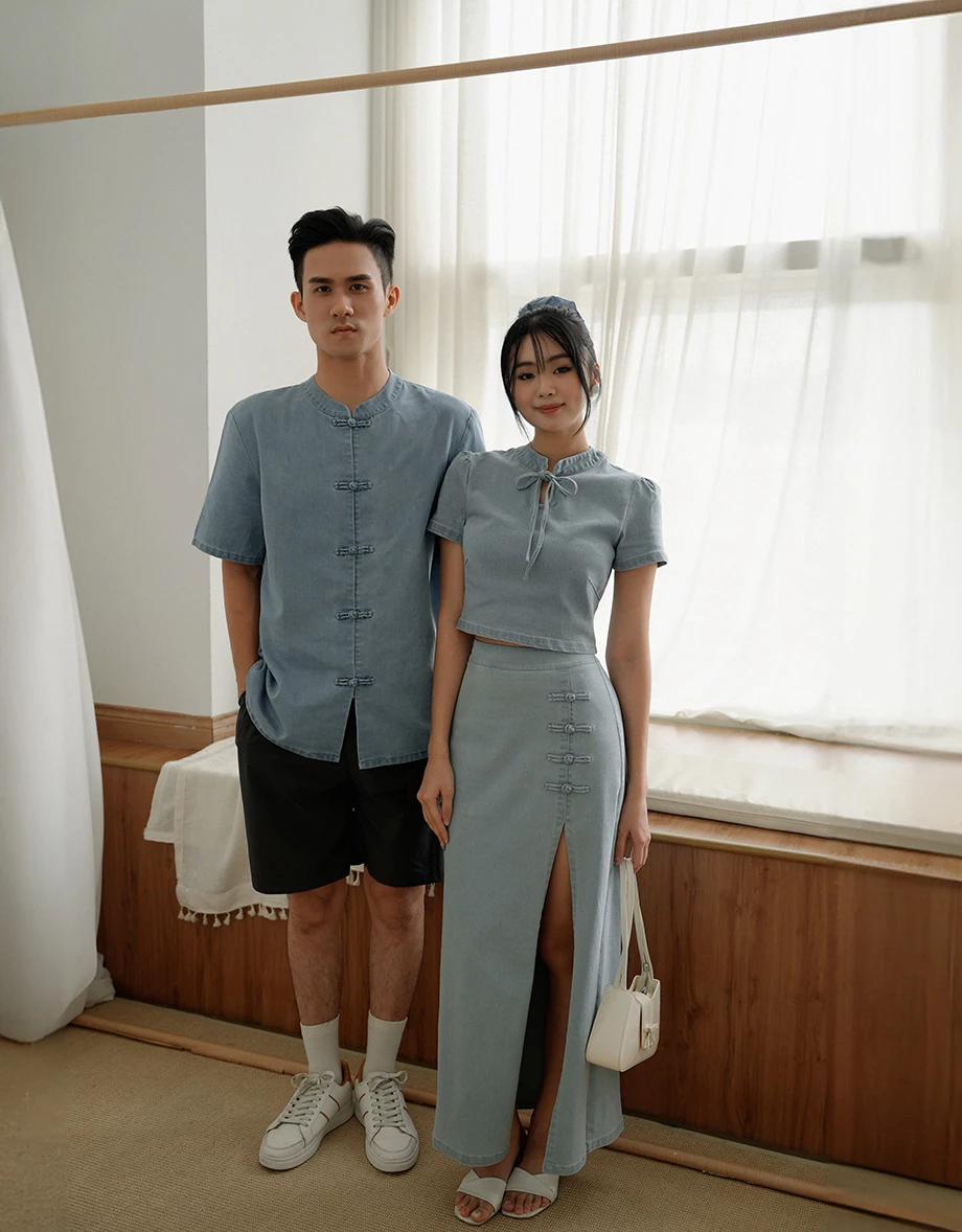 Men’s CNY Mandarin SHIRT Chinese Style Denim ( Matching Couple Outfit for Qipao Cheongsam) Men’s CNY Mandarin SHIRT Chinese Style Denim ( Matching Couple Outfit for Qipao Cheongsam)