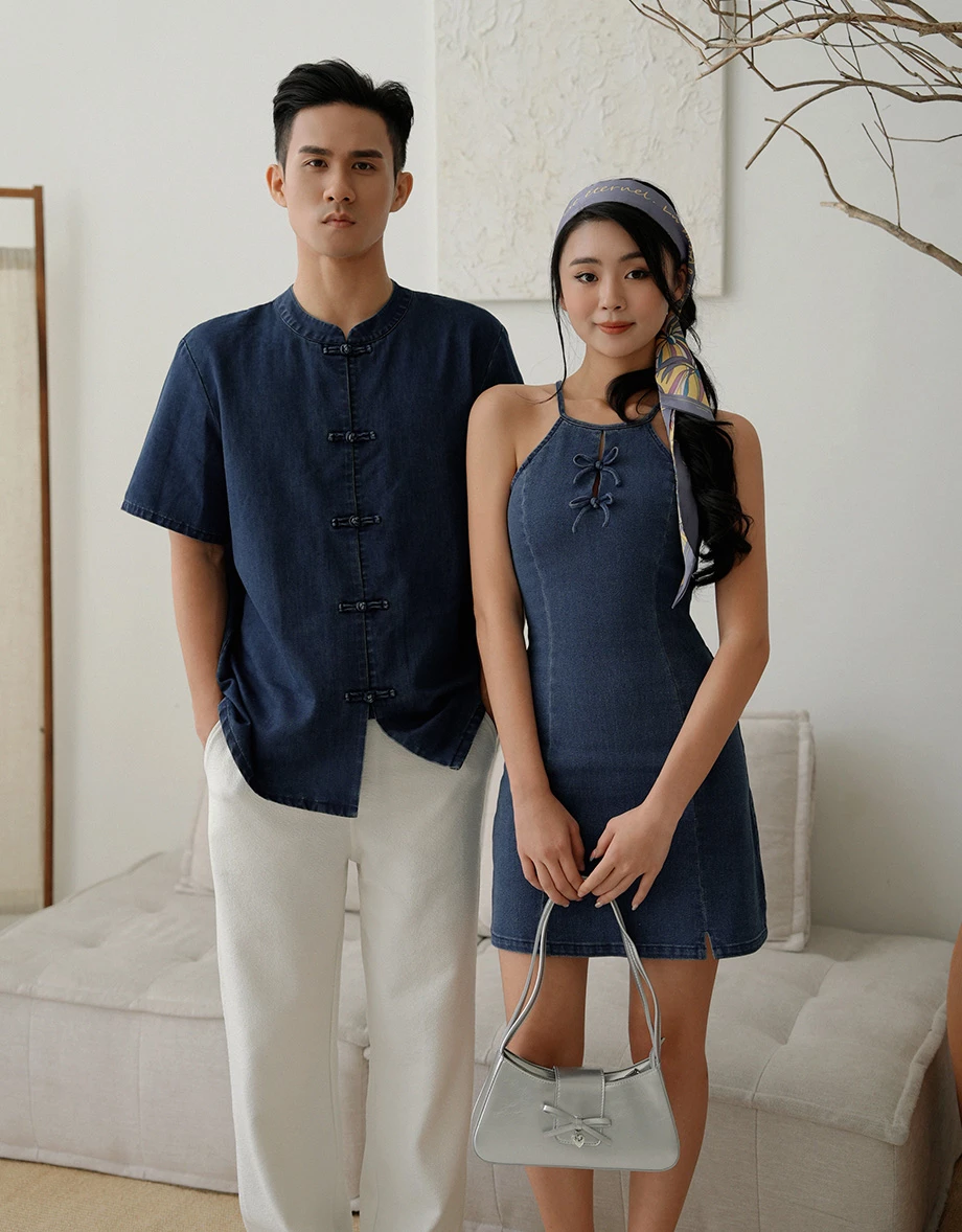 Men’s CNY Mandarin SHIRT Chinese Style Denim ( Matching Couple Outfit for Qipao Cheongsam) Men’s CNY Mandarin SHIRT Chinese Style Denim ( Matching Couple Outfit for Qipao Cheongsam)