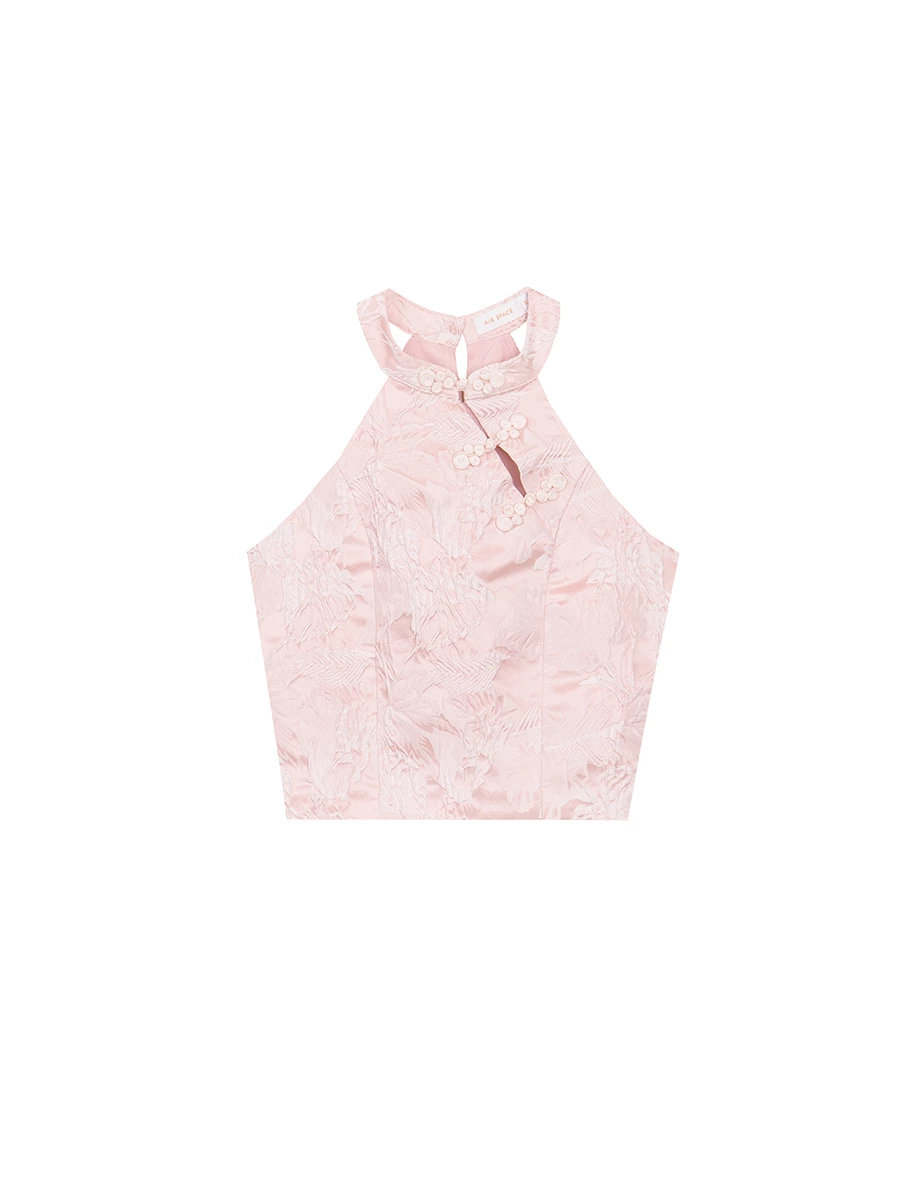 CNY CHEONGSAM QIPAO Top Floral Jacquard Design Halter Neck Cheongsam Qipao Crop Tank Top
