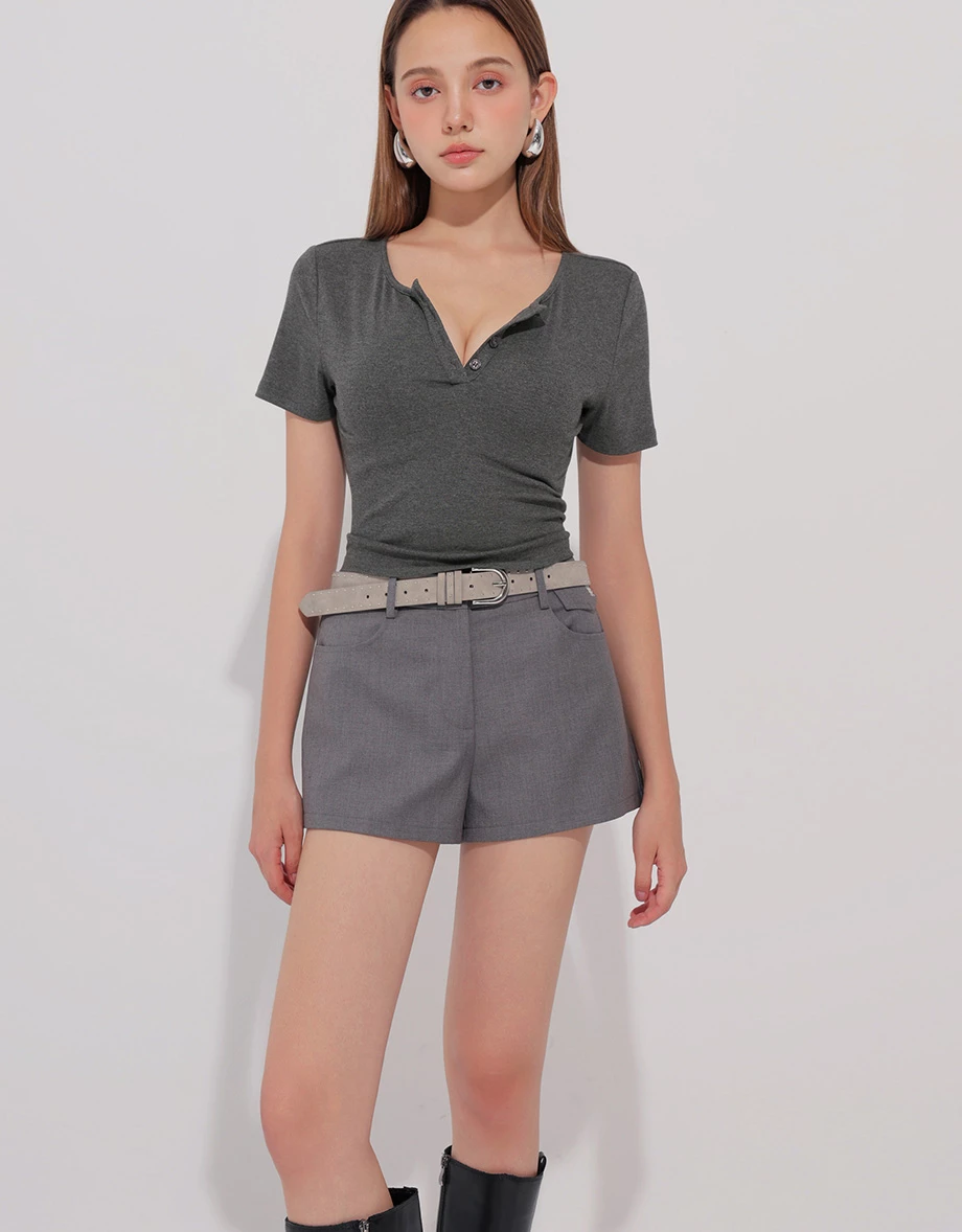 圓領排扣短袖短版TEE