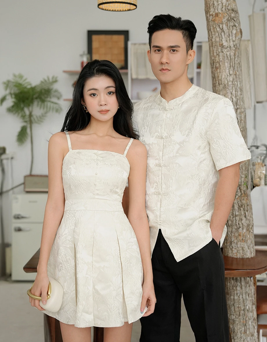 旗袍立體緹花中式立領盤扣短袖開襟衫 ( 旗袍搭配)​