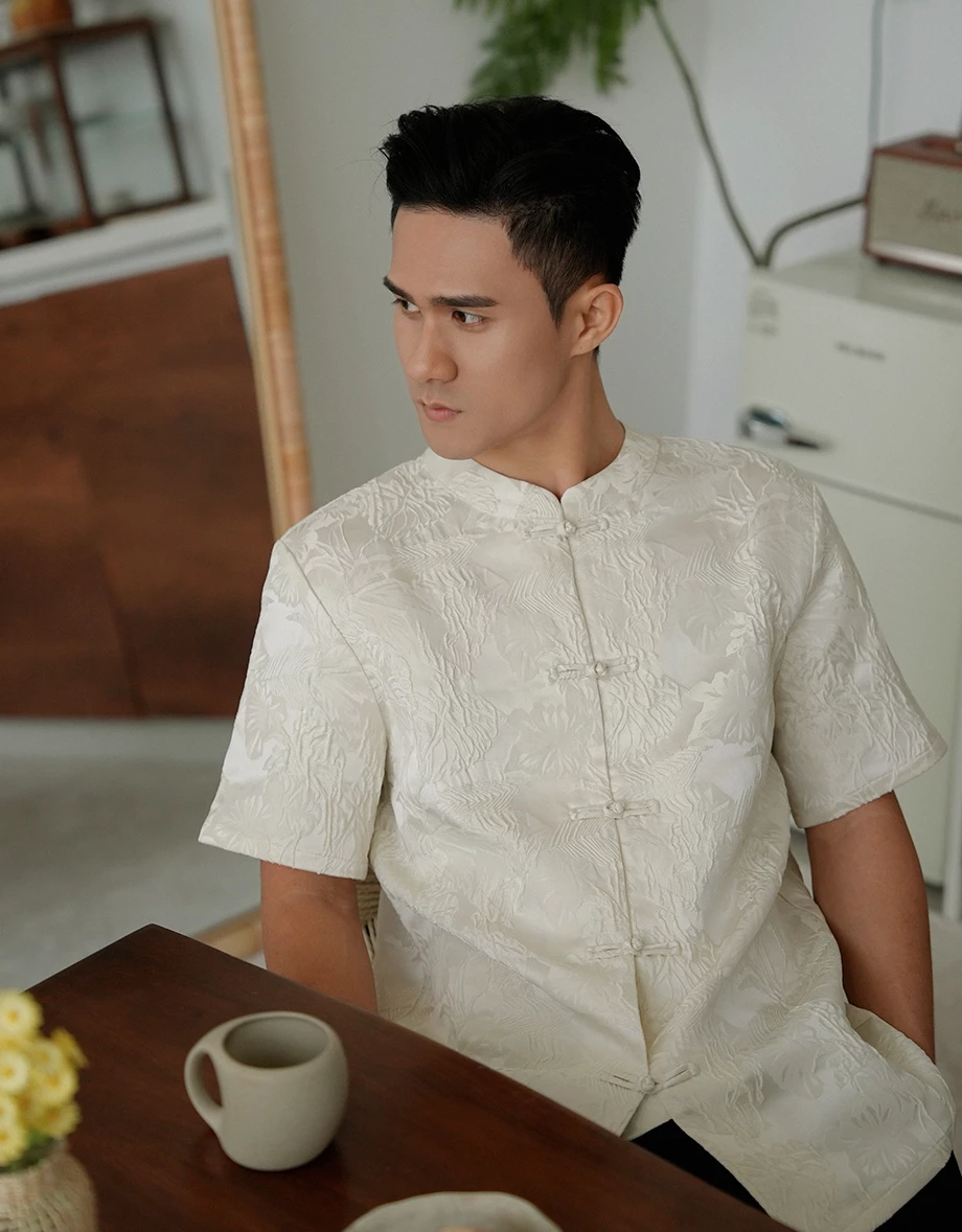 旗袍立體緹花中式立領盤扣短袖開襟衫 ( 旗袍搭配)​