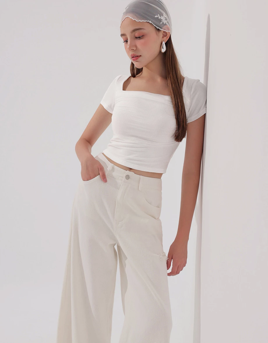 Mesh Panel Ruched Square Neck Ribbed Knit Crop Top