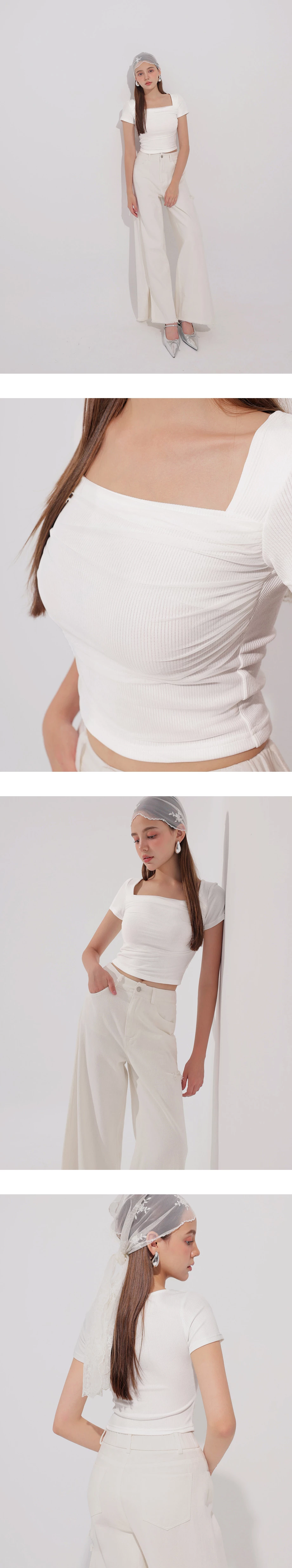 Mesh Panel Ruched Square Neck Ribbed Knit Crop Top