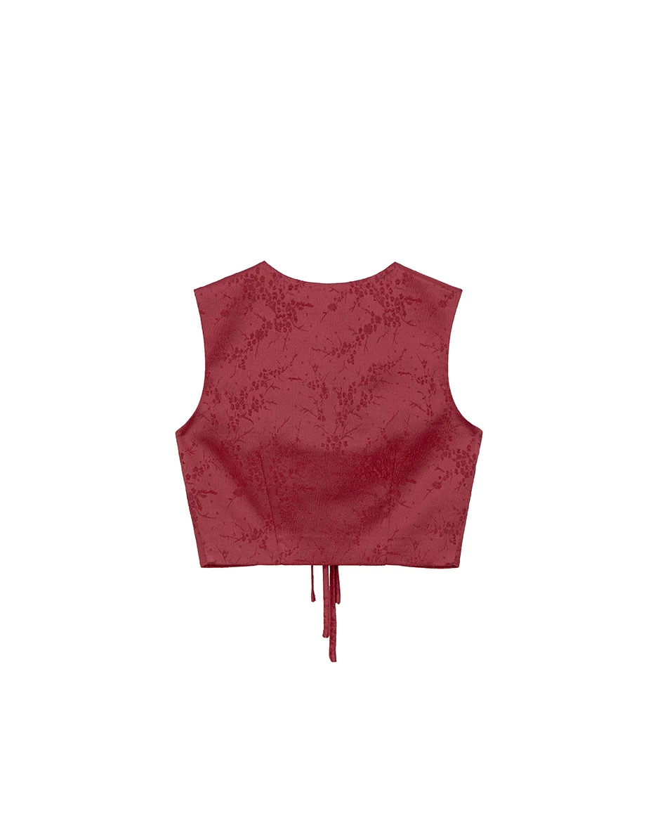 【MICHIE 聯名】旗袍風緹花緞面綁帶短版背心 M02
