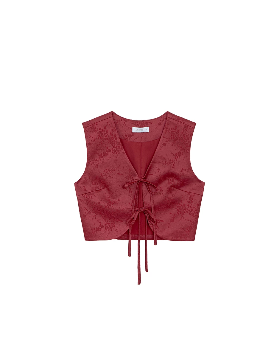 【MICHIE 聯名】旗袍風緹花緞面綁帶短版背心 M02