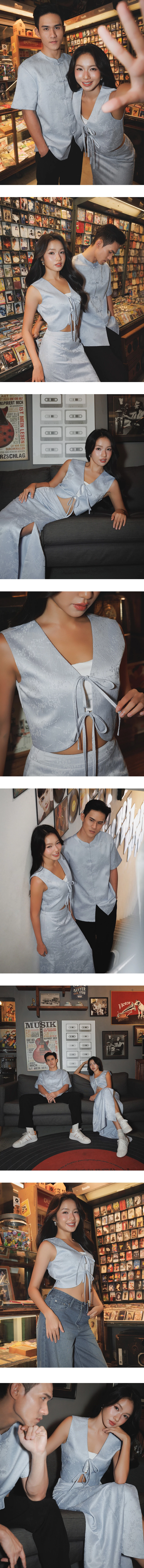 【MICHIE 聯名】旗袍風緹花緞面綁帶短版背心 M02