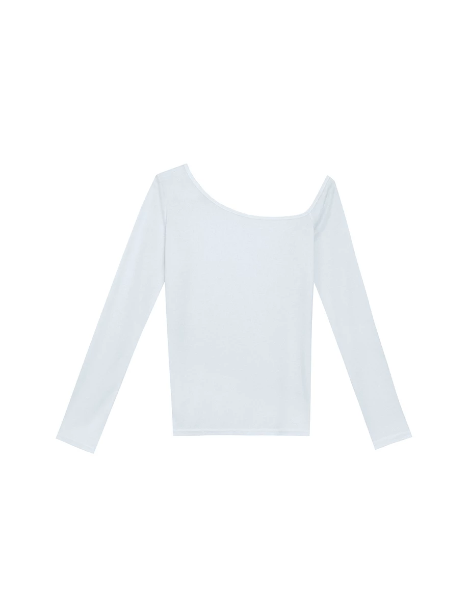 【Michie 聯名】不對稱領單肩帶側開衩微透膚長袖上衣 M08