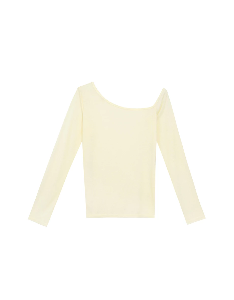 【Michie 聯名】不對稱領單肩帶側開衩微透膚長袖上衣 M08