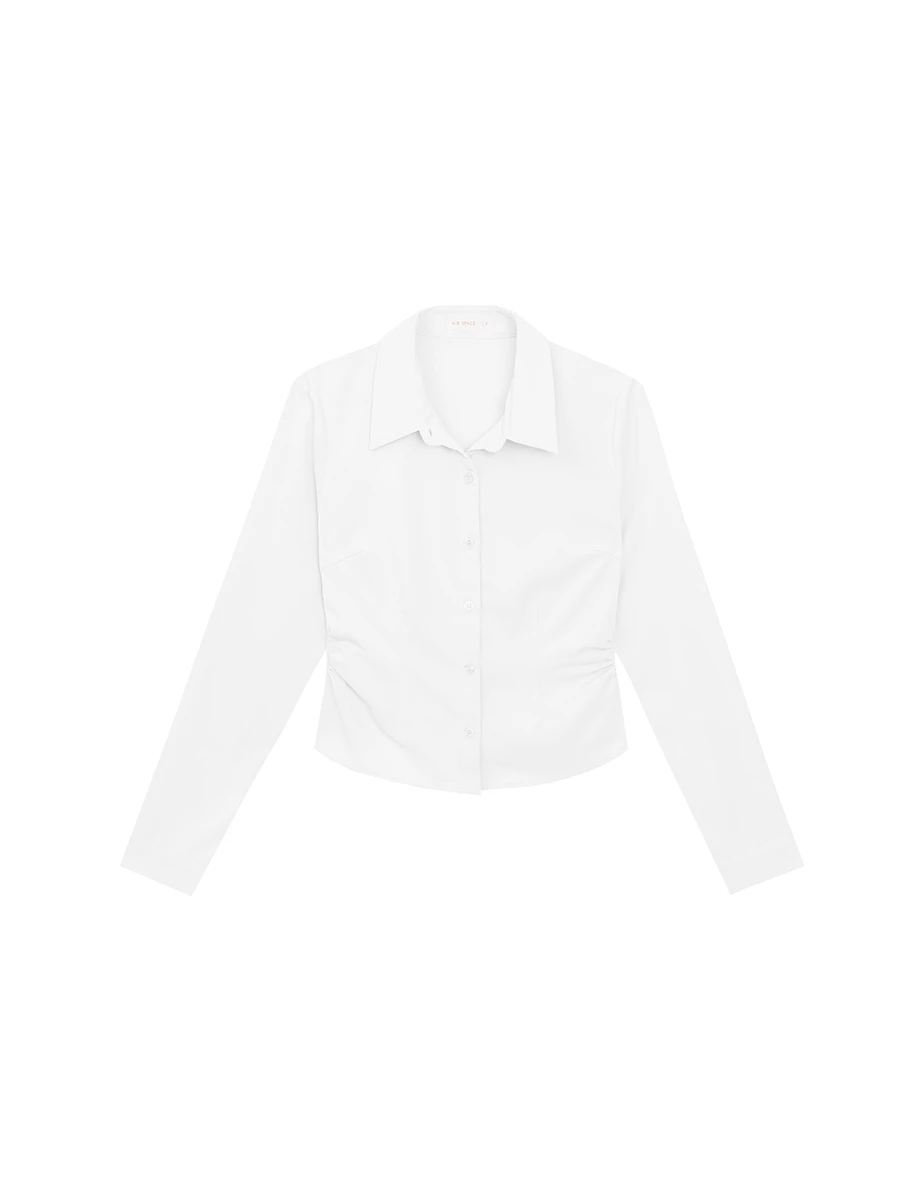 Ruched Waist Slim Fit Button Down Shirt Blouse
