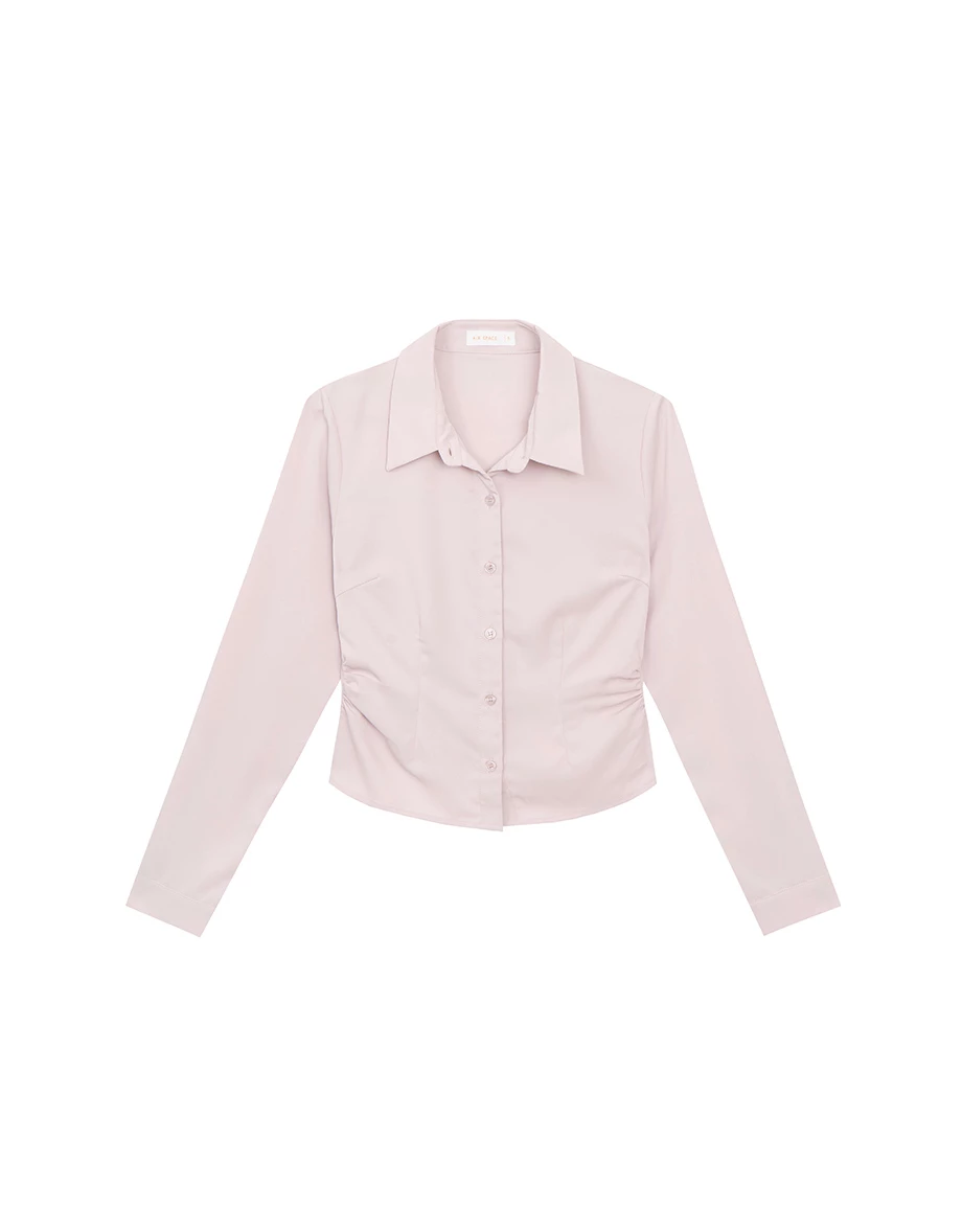 Ruched Waist Slim Fit Button Down Shirt Blouse