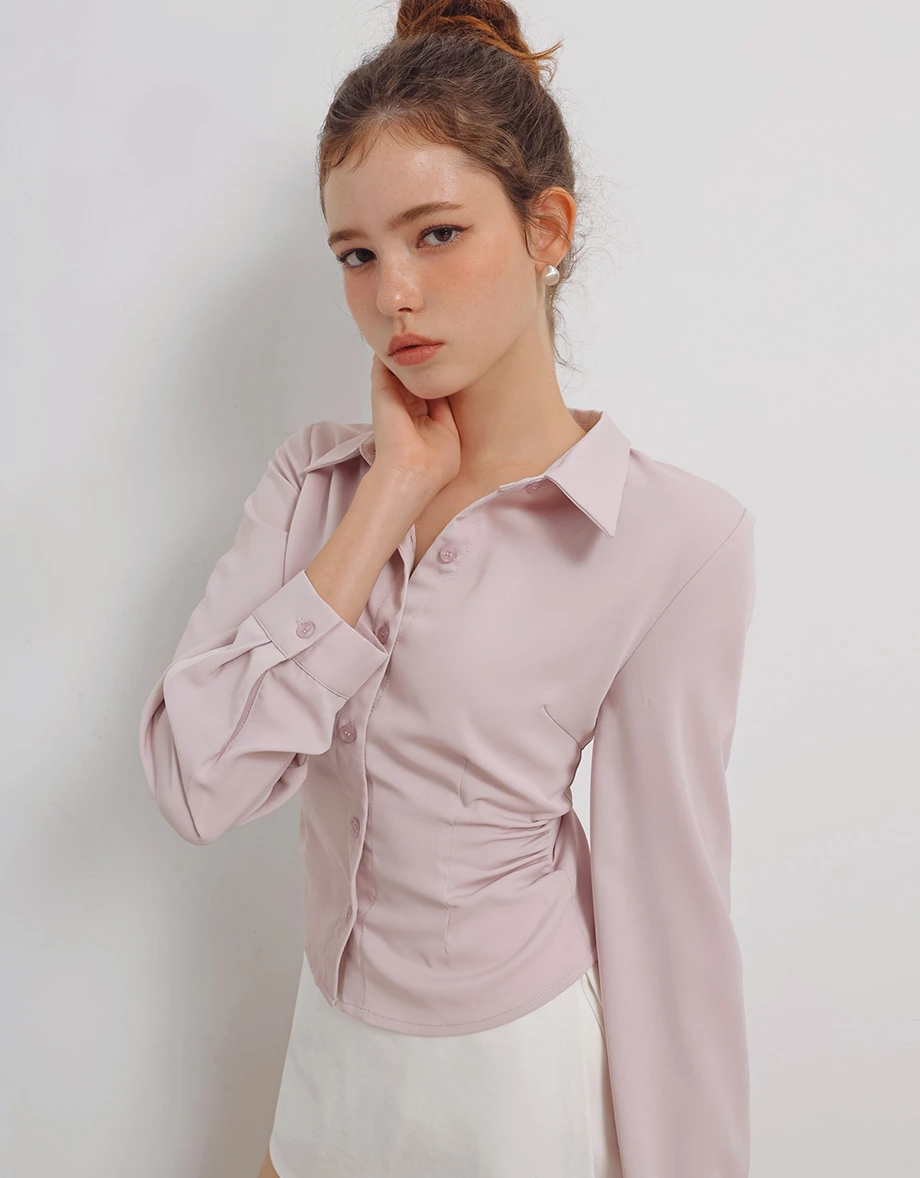 Ruched Waist Slim Fit Button Down Shirt Blouse