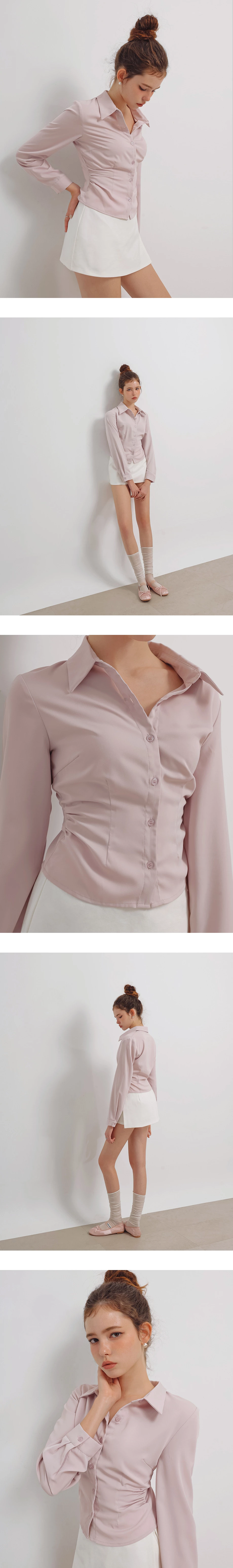 Ruched Waist Slim Fit Button Down Shirt Blouse