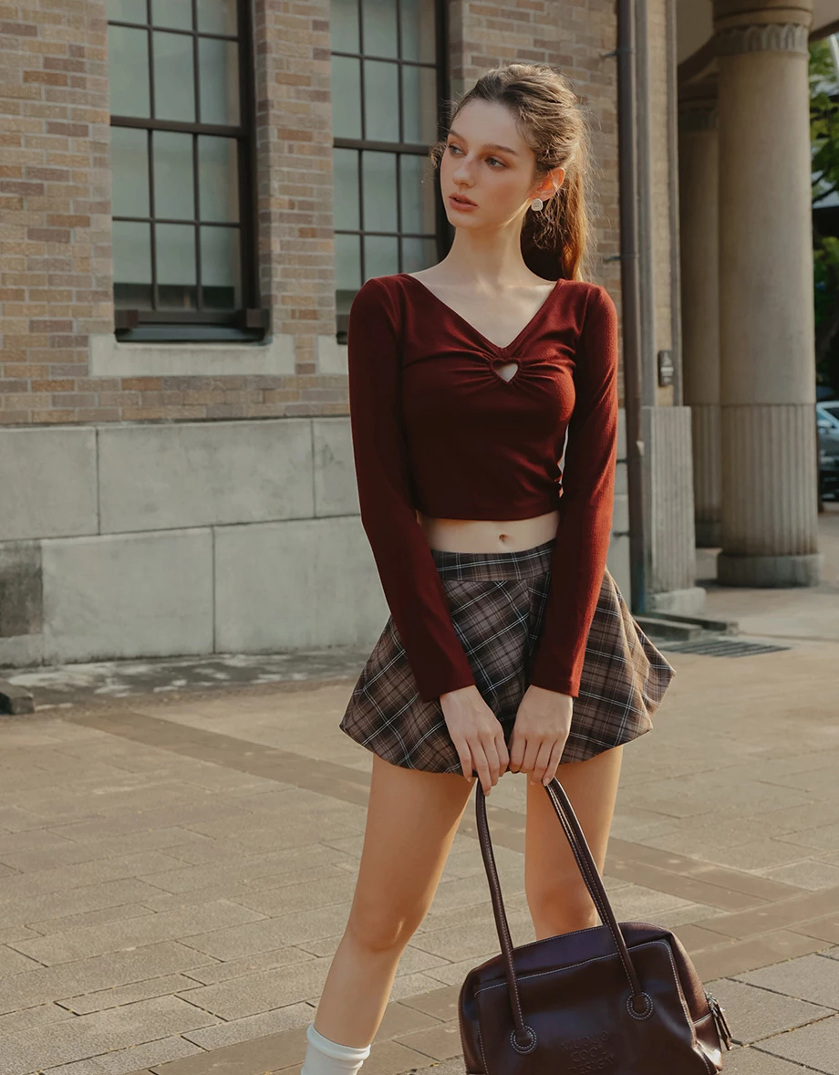 V Neck Heart Cut Out Ribbed Knit Long Sleeve Top