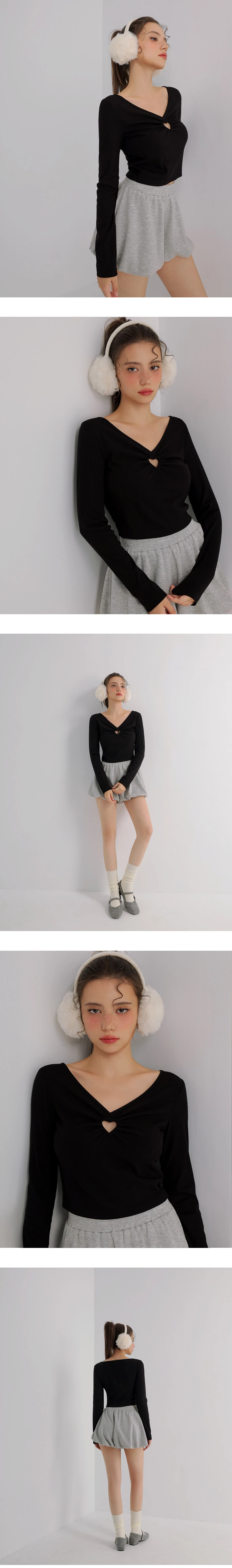 V Neck Heart Cut Out Ribbed Knit Long Sleeve Top